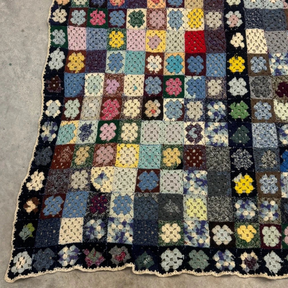 Vintage Handmade Granny Afgan Crochet Blanket Multi Color Patchwork Throw 78x65